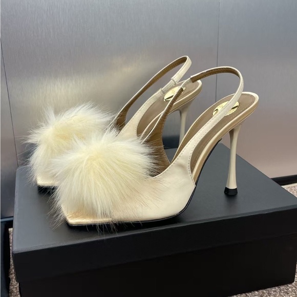 Saint Laurent Cream Slingback Heels with Plush Fur Detail - Picture 1 of 9